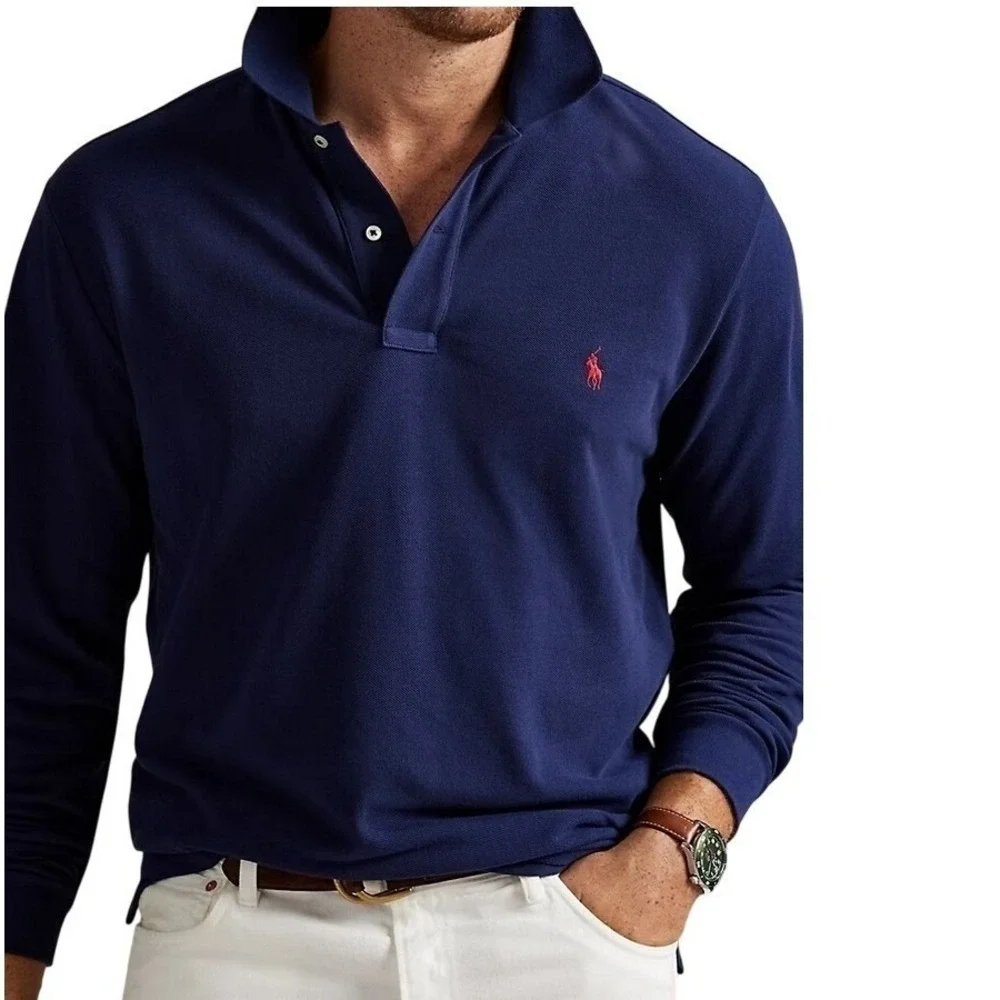 NWT Polo Ralph Lauren Mens Long Sleeve Polo Shirt Navy Blue Red Pony Mesh 2XL‎